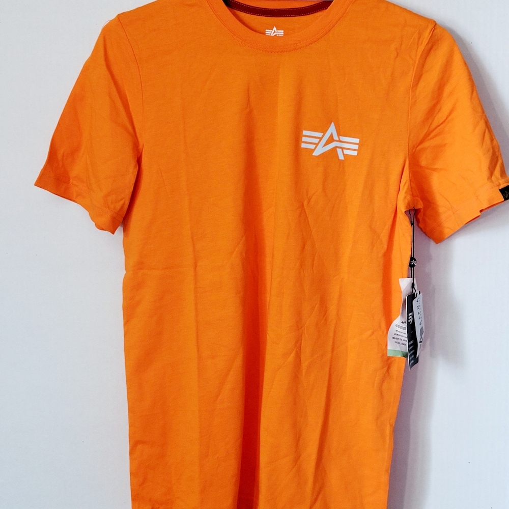 Mens T-Shirt ALPHA INDUSTRIES Basic Orange Cotton Silver Reflective Logo